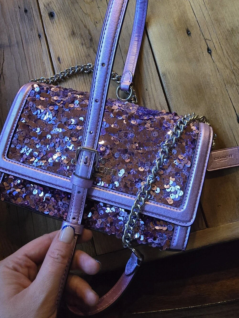 Coach Flap Clutch Crossbody Bag in Lilac Metallic Leather & Sequins